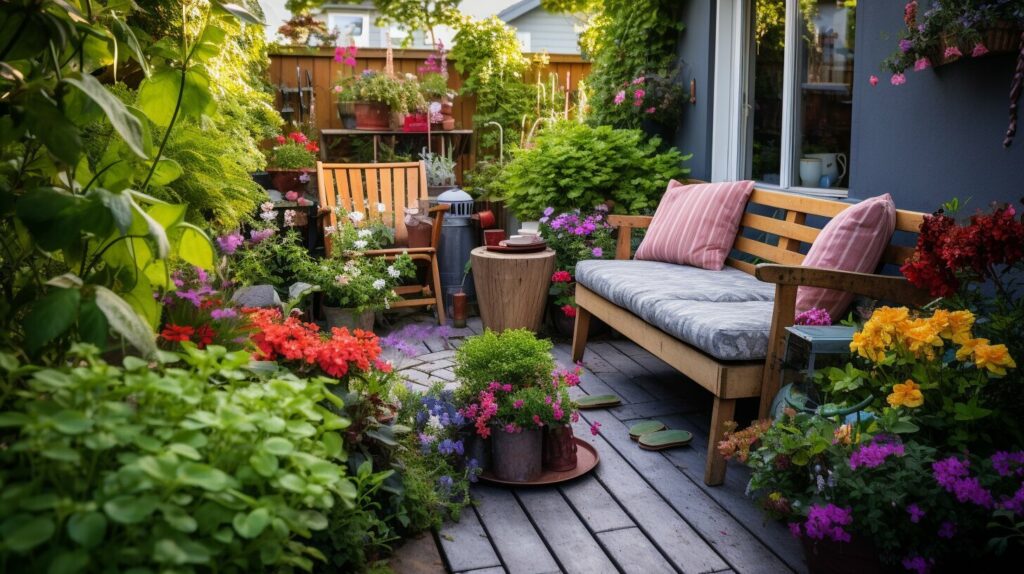 Sitzgelegenheiten und Wege im Vorgarten